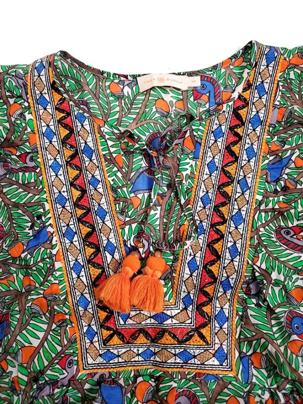 Tory Burch Cotton Silk Embroidered Tunic Mini Dress CoverUp S Short Sleeve Bird